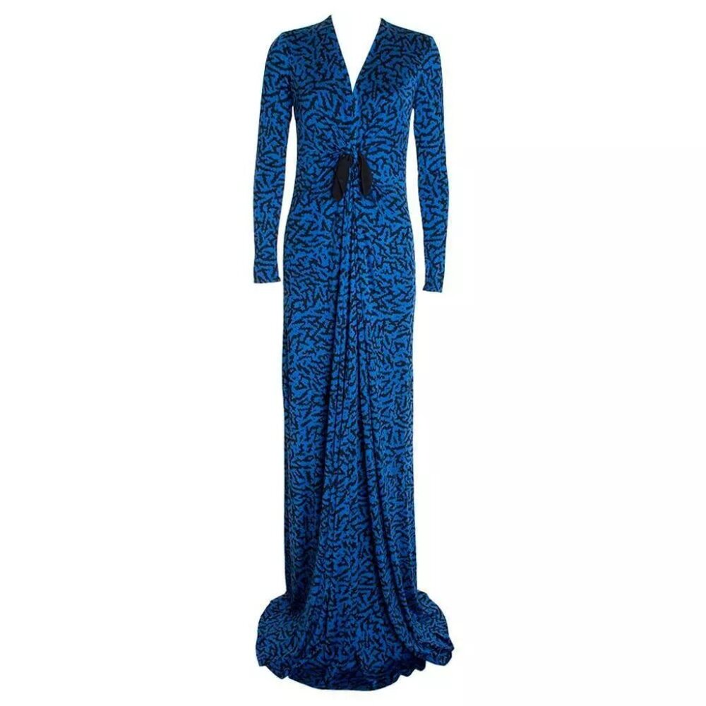 Issa London Front Knot Silk Blend Floor Length Blue/Blk Print Gown Size US 4 NWT
